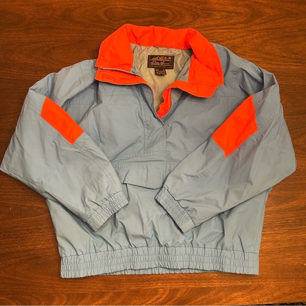 Eddie Bauer Blue Raincoat with Orange Accents